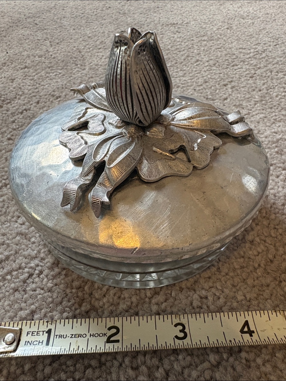 Vintage Decorative hammered metal and glass Trinket Box with Floral Lid.